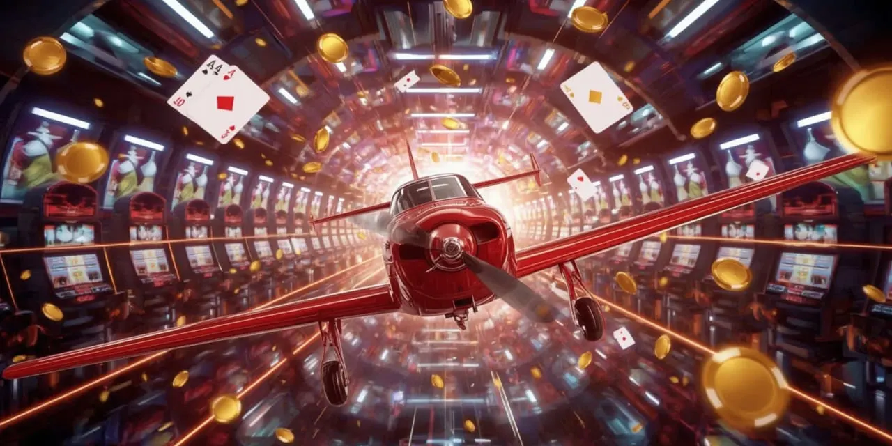 Aviator game red aircraft soaring down a tunnel of slot machines, cards, and gold coins in motion