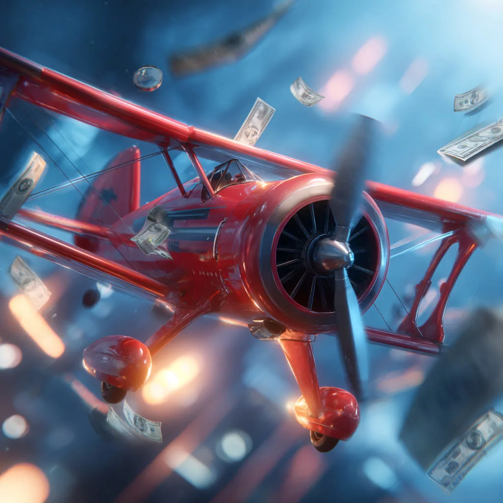 Red airplane from the Aviator game flying through glowing lights and floating dollar bills in the casino